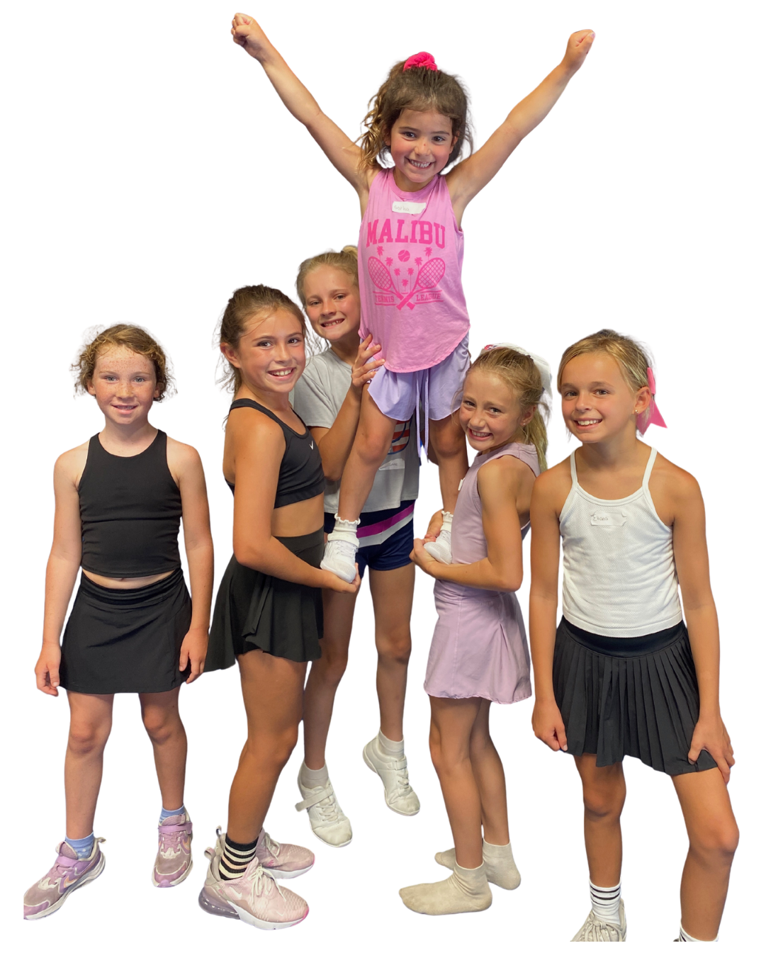 A group of young girls are standing next to each other on a poster for summer camps.