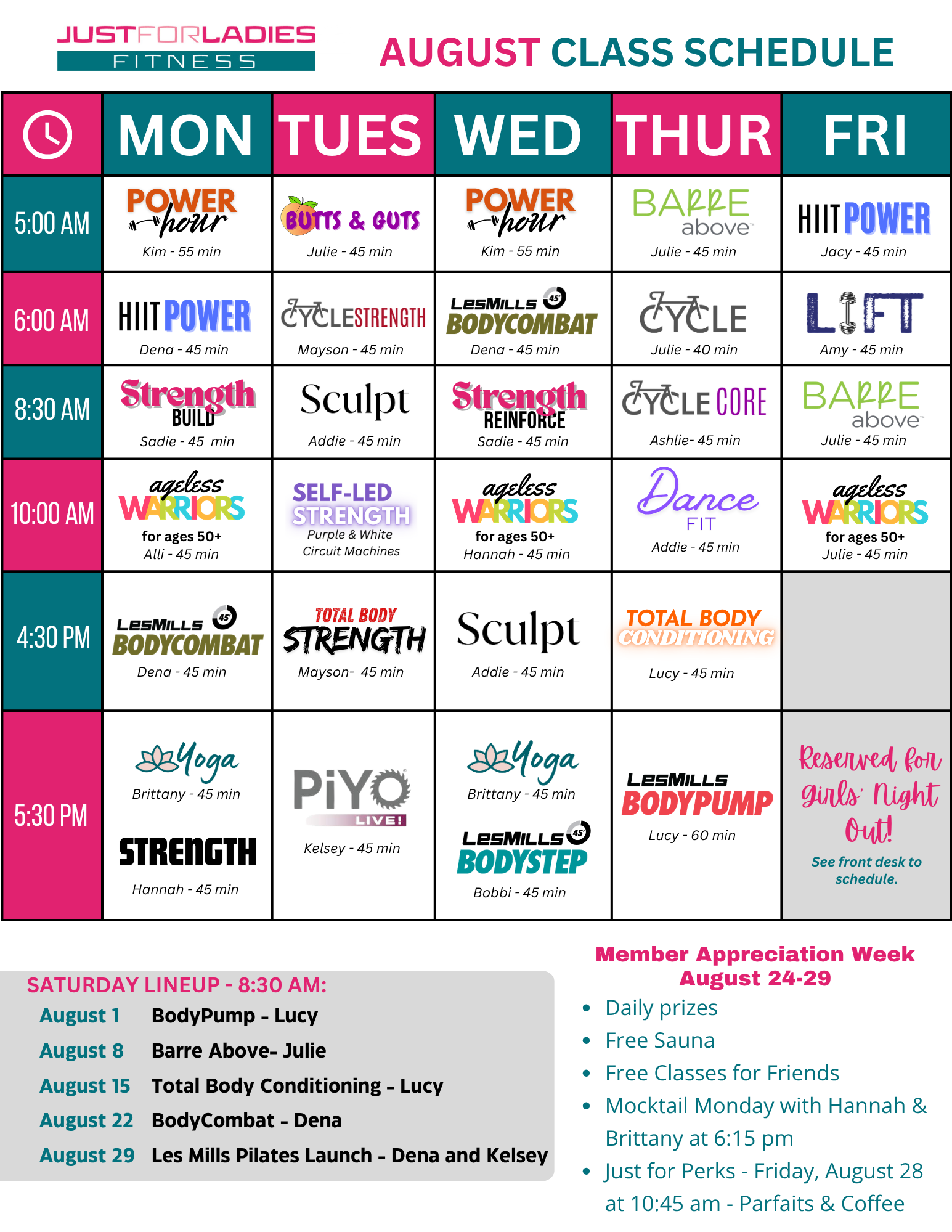 August class schedule poster with colorful weekly workout classes in a grid layout
