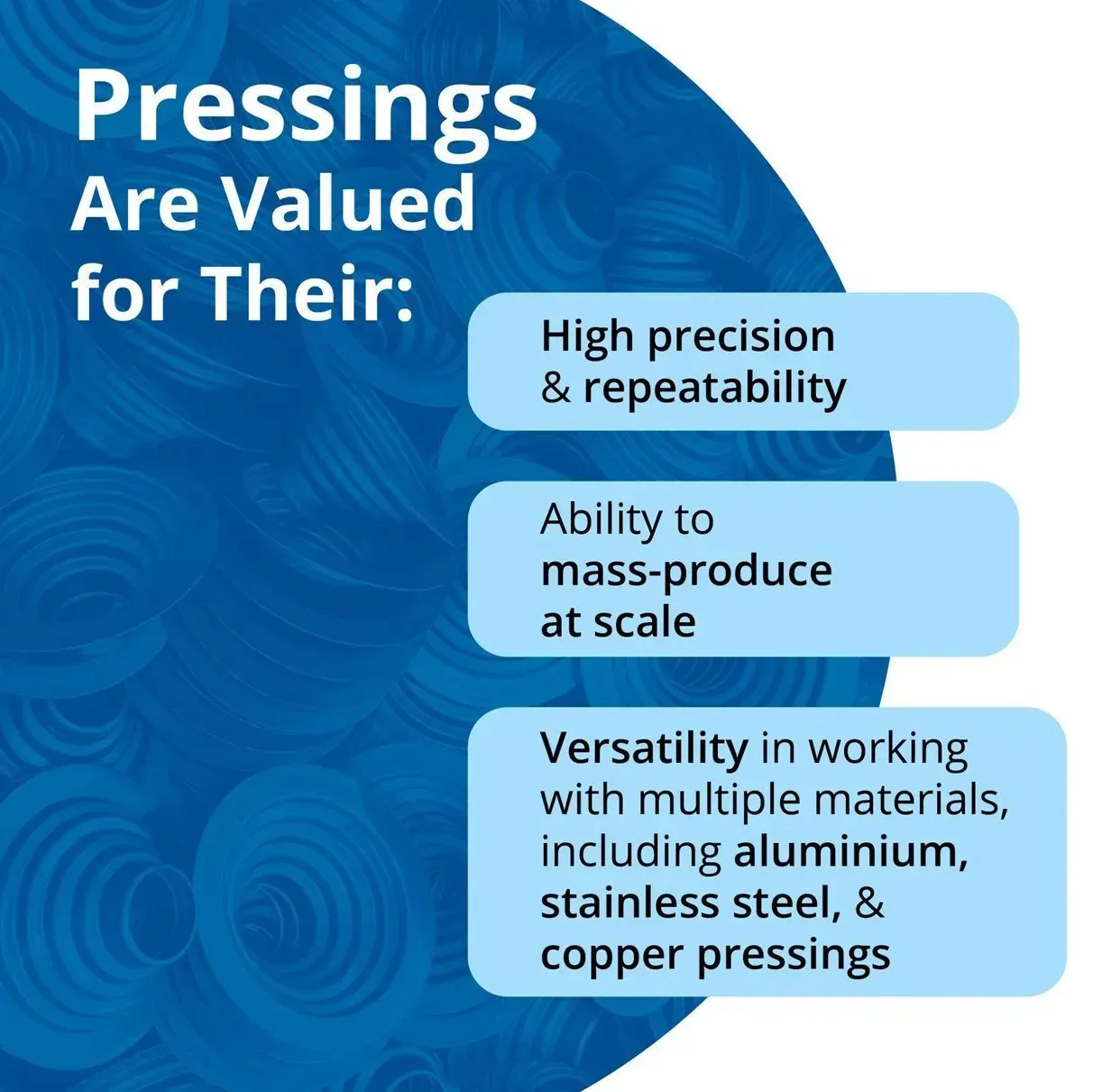 Metal pressings showing precision and versatility with aluminium, stainless steel, and copper.