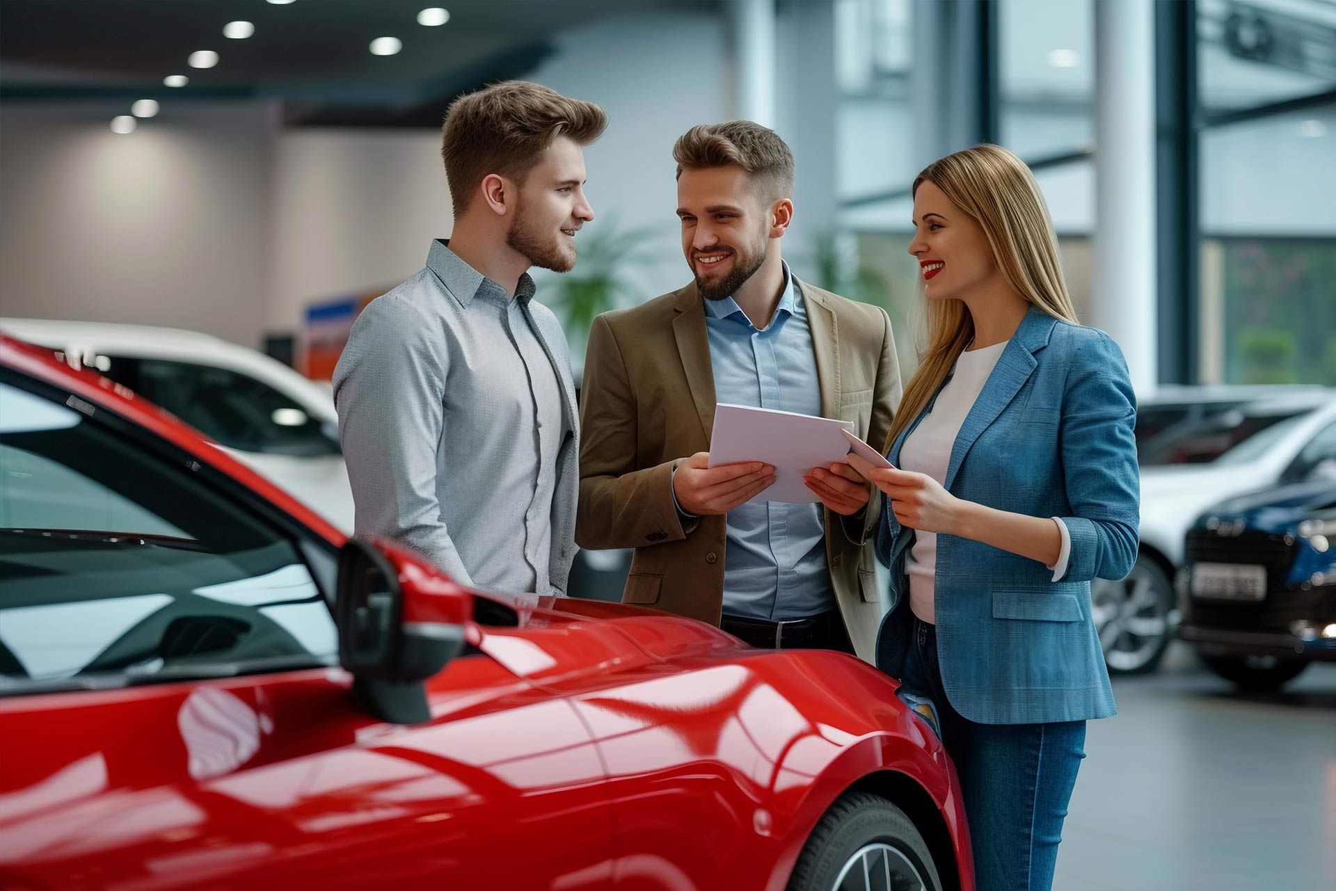 Three people discussing paperwork beside a red car in a bright showroom