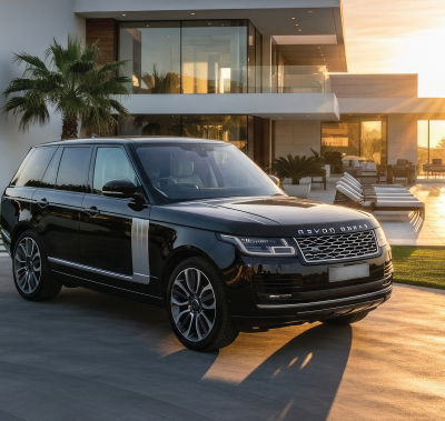 A black Range Rover parked on a patio in front of a modern house at sunset.
