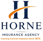 Logo for Horne Insurance Agency, featuring a dark blue "H" with an orange swoosh, text below, and the slogan from 1973.
