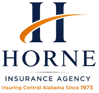 Logo for Horne Insurance Agency, featuring a dark blue "H" with an orange swoosh, text below, and the slogan from 1973.