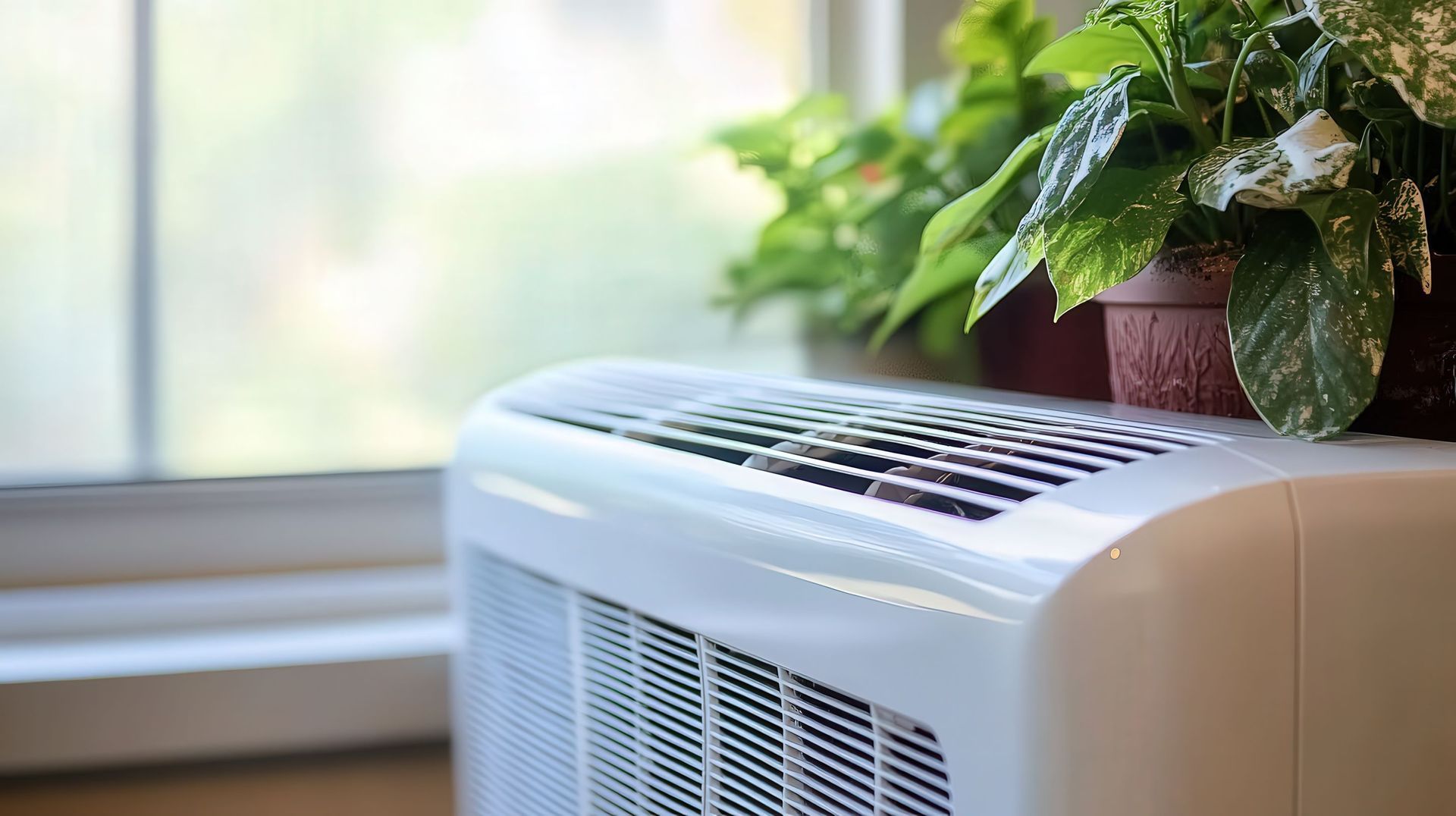 A white air conditioner is sitting in front of a window next to potted plants.