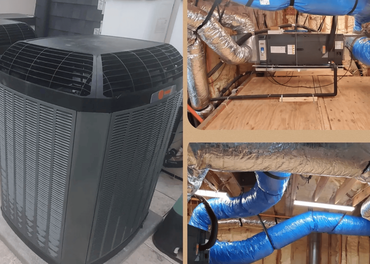 A picture of an air conditioner and a picture of a house with blue pipes.