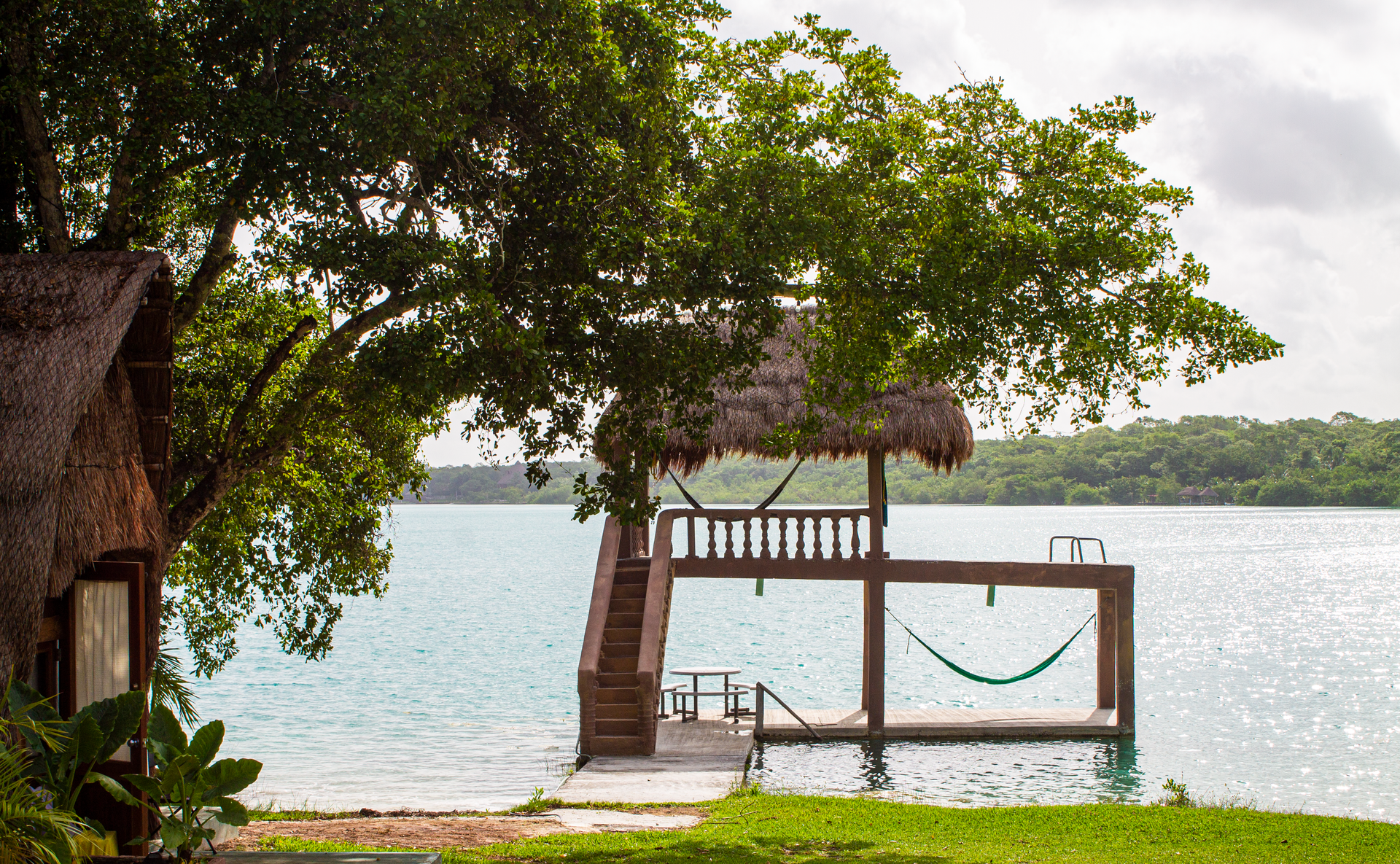 Un muelle con techo de paja, hamaca, escaleras y barandilla de madera se adentra en un lago azul brillante bajo un árbol frondoso.