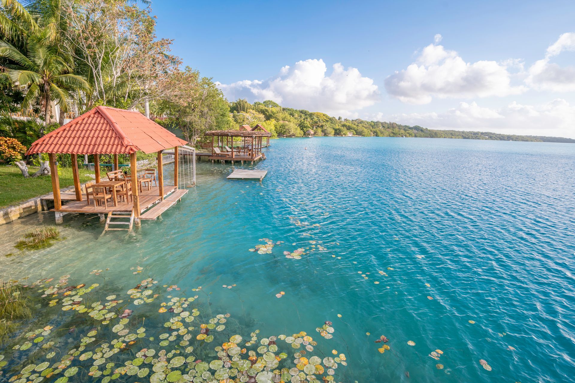Un lago soleado de un azul vibrante, con una glorieta de madera y nenúfares en las zonas poco profundas a lo largo de una orilla bordeada de árboles.