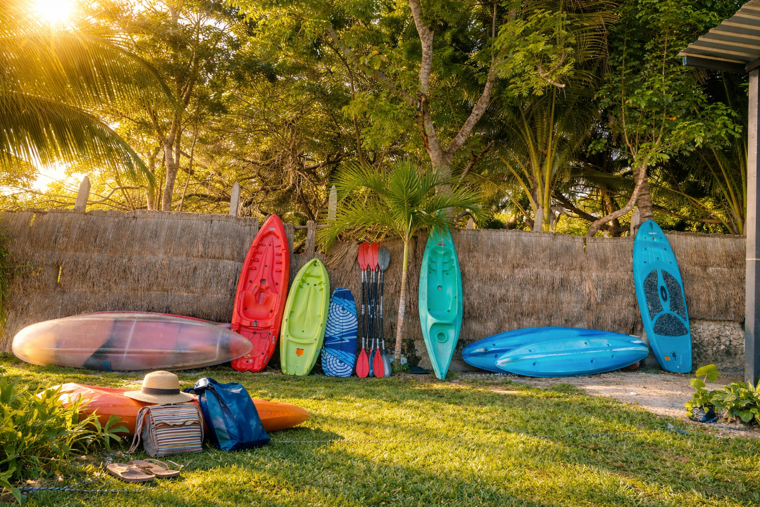 Una colección de coloridos kayaks y tablas de remo se apoyan contra un muro de piedra en un jardín cubierto de hierba, bajo la sombra de los árboles.