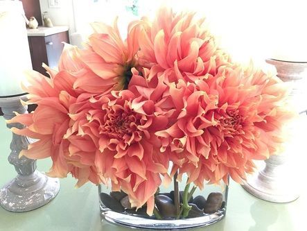 A vase filled with flowers and rocks on a table.