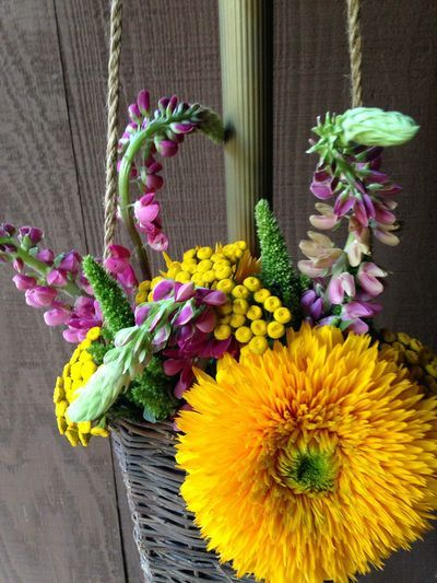 A basket filled with flowers is hanging from a rope.