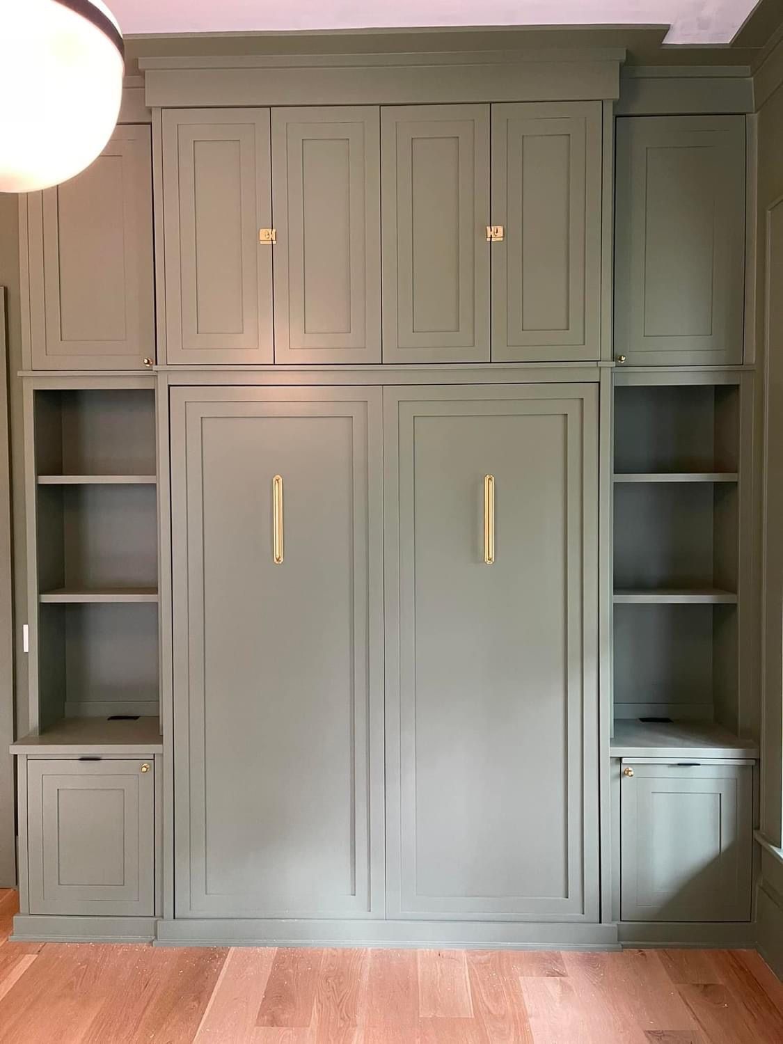 A room with a wall mounted bed and lots of cabinets and shelves.