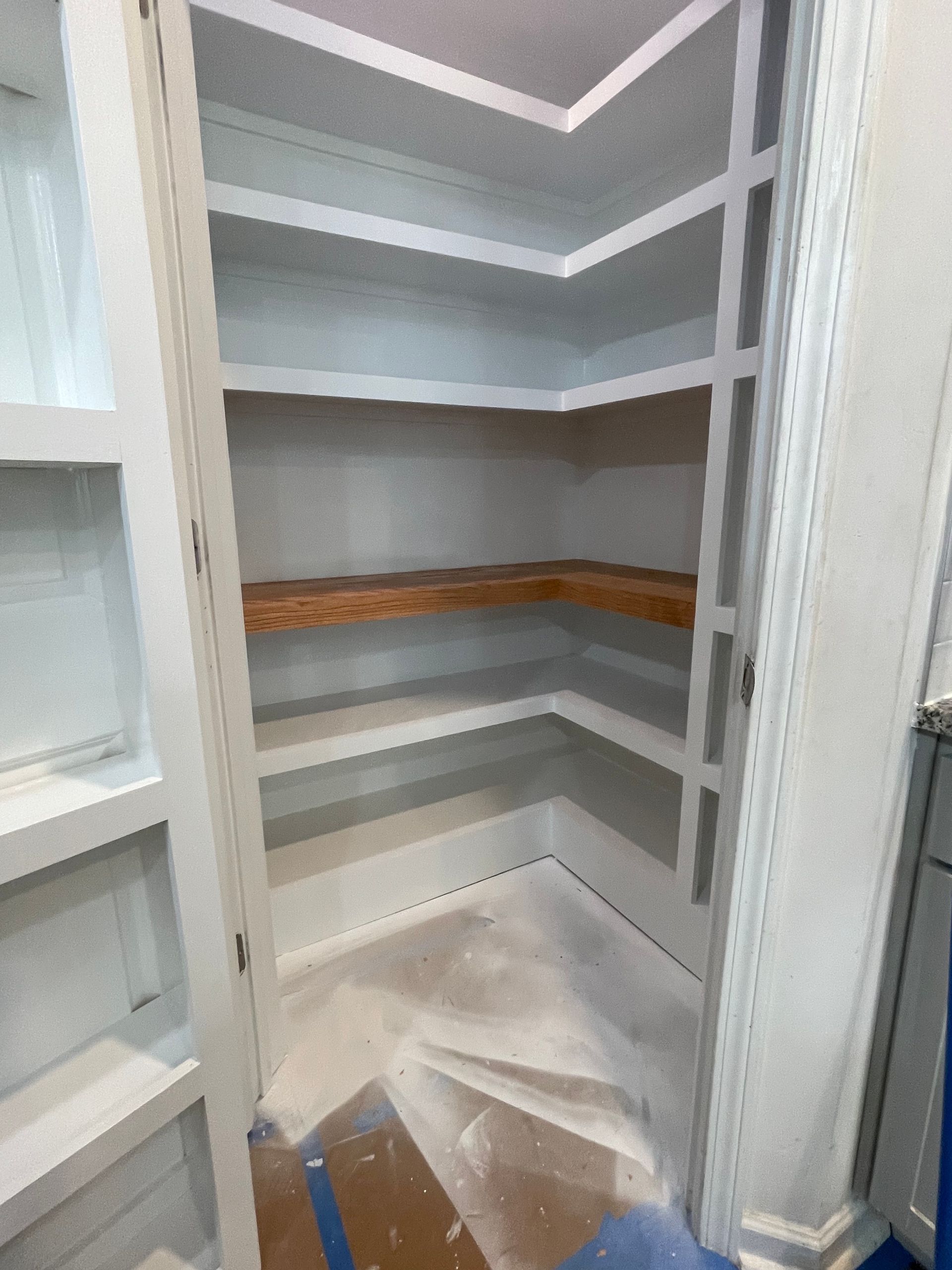 A pantry with a lot of shelves and a door.