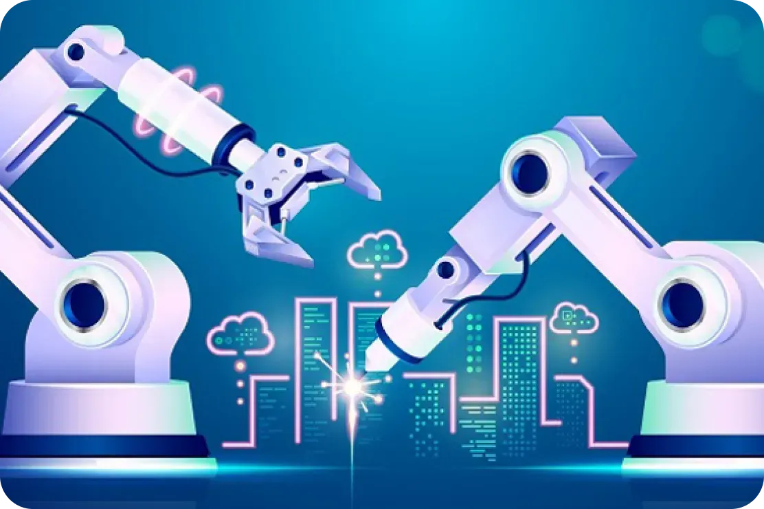 Two robotic arms are working on a city.