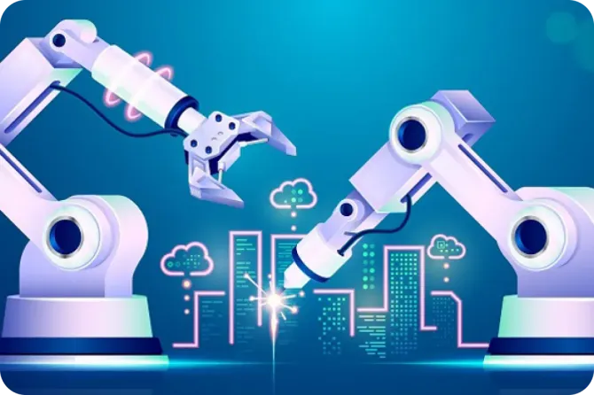 Two robotic arms are working on a city.