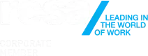 A blue and white logo that says `` leading in the world of work ''.