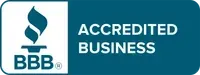 BBB Accredited Business badge with blue logo on white and teal background