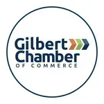 Gilbert Chamber of Commerce logo with navy text and multicolor stripes in a circular border