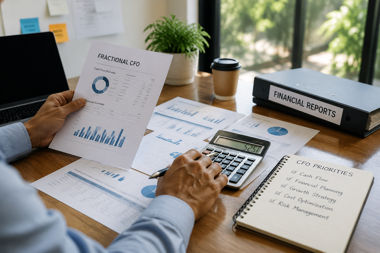 Hands reviewing financial reports with calculator and notebook on a desk beside a coffee cup.