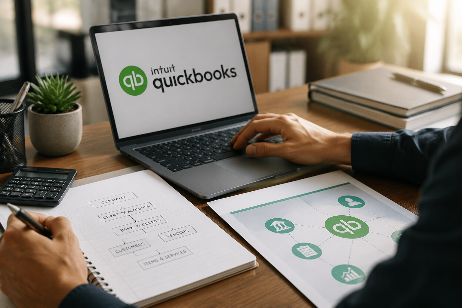 Hands working at a desk with a laptop showing QuickBooks and accounting papers