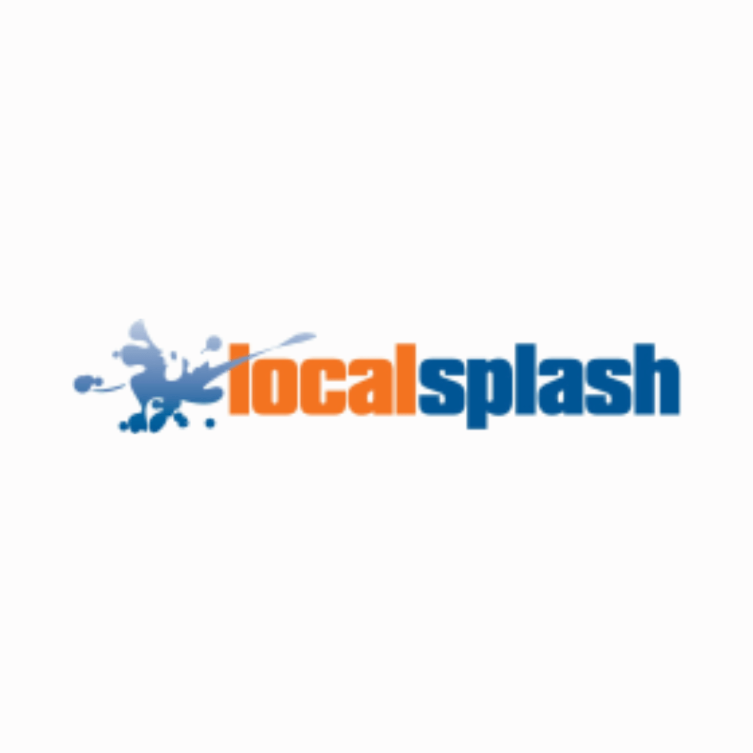 LocalSplash logo in blue and orange with a splash graphic on a white background