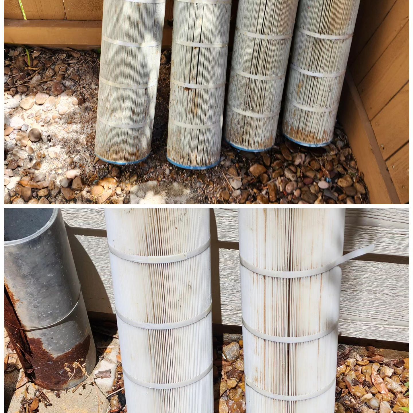 Top: four dirty pool filters on rocks. Bottom: two cleaned pool filters and rusty pipe.