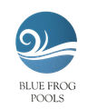 Blue circle logo with white wave design and text "Blue Frog Pools".