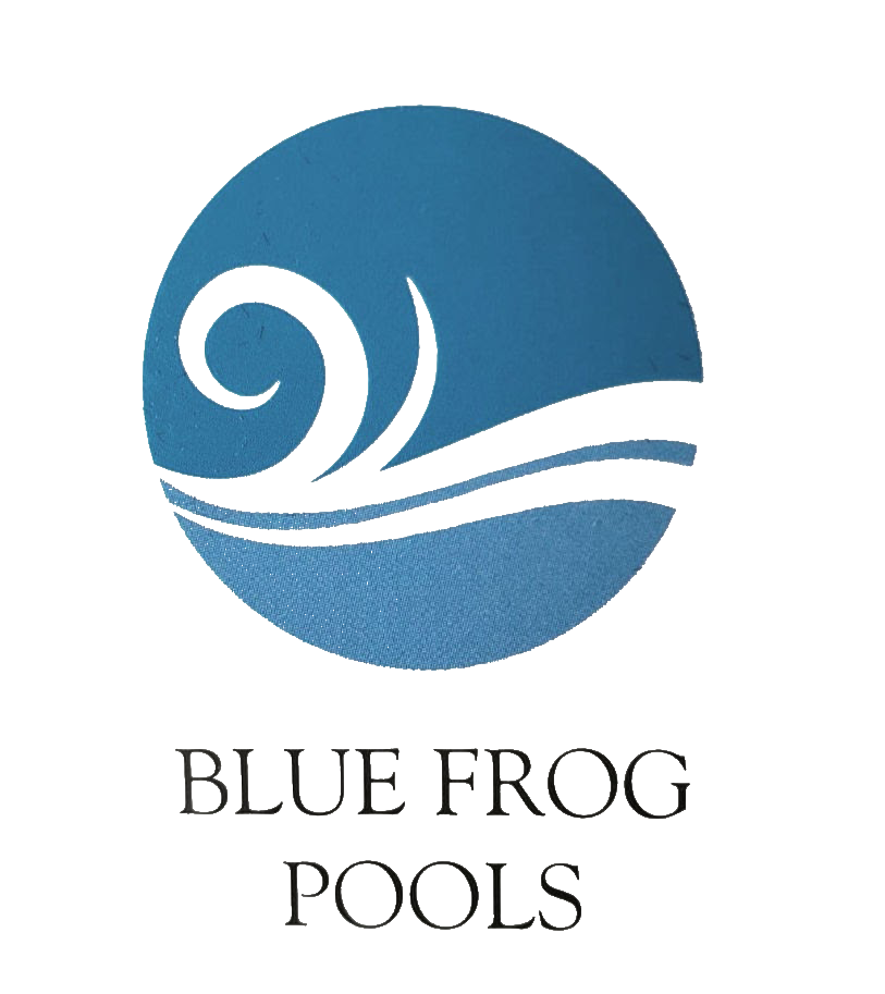 Blue circle logo with white wave design and text "Blue Frog Pools".