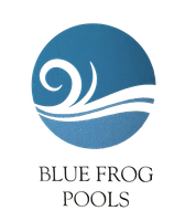 Blue circle logo with white wave design and text "Blue Frog Pools".