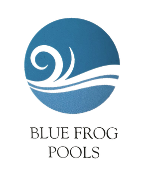 Blue circle logo with white wave design and text "Blue Frog Pools".