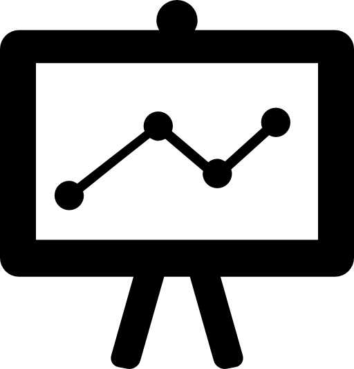 A black and white icon of a presentation board with a graph on it.