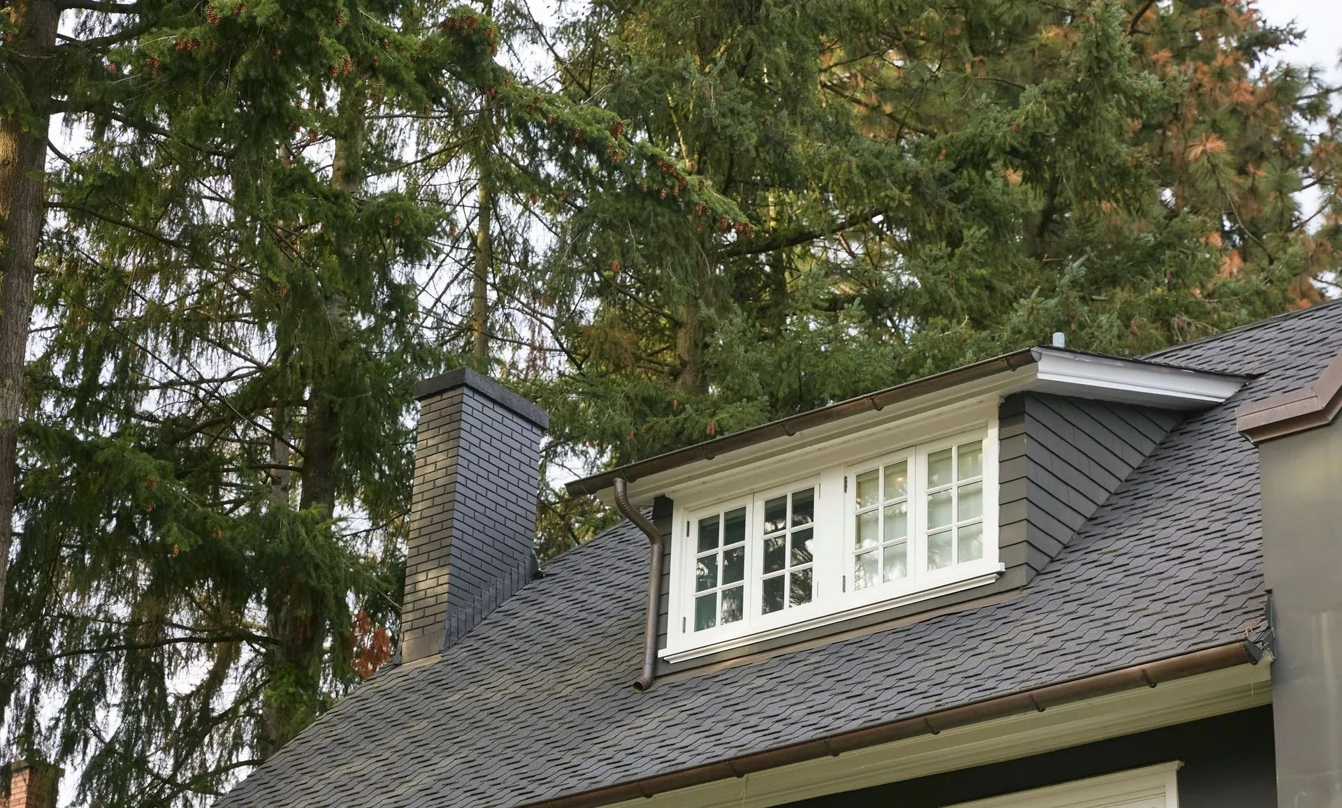 Gray roof with white dormer windows, black chimney, set against green trees.