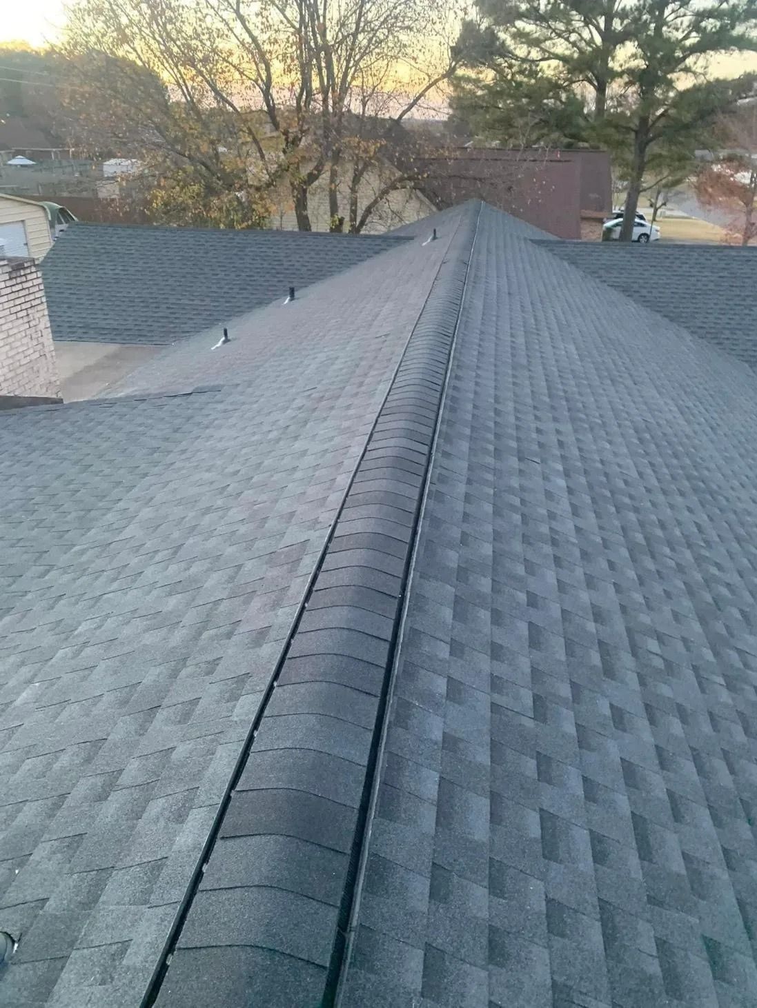 View from a rooftop, showcasing a dark shingle roof with a central ridge and surrounding trees and buildings.