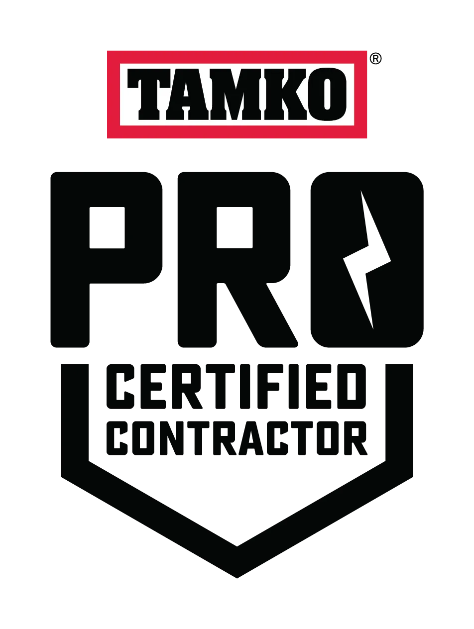 TAMKO Pro Certified Contractor logo with black text on a white background, red TAMKO box. TAMKO Pro Certified Contractor logo with black text on a white background, red TAMKO box.