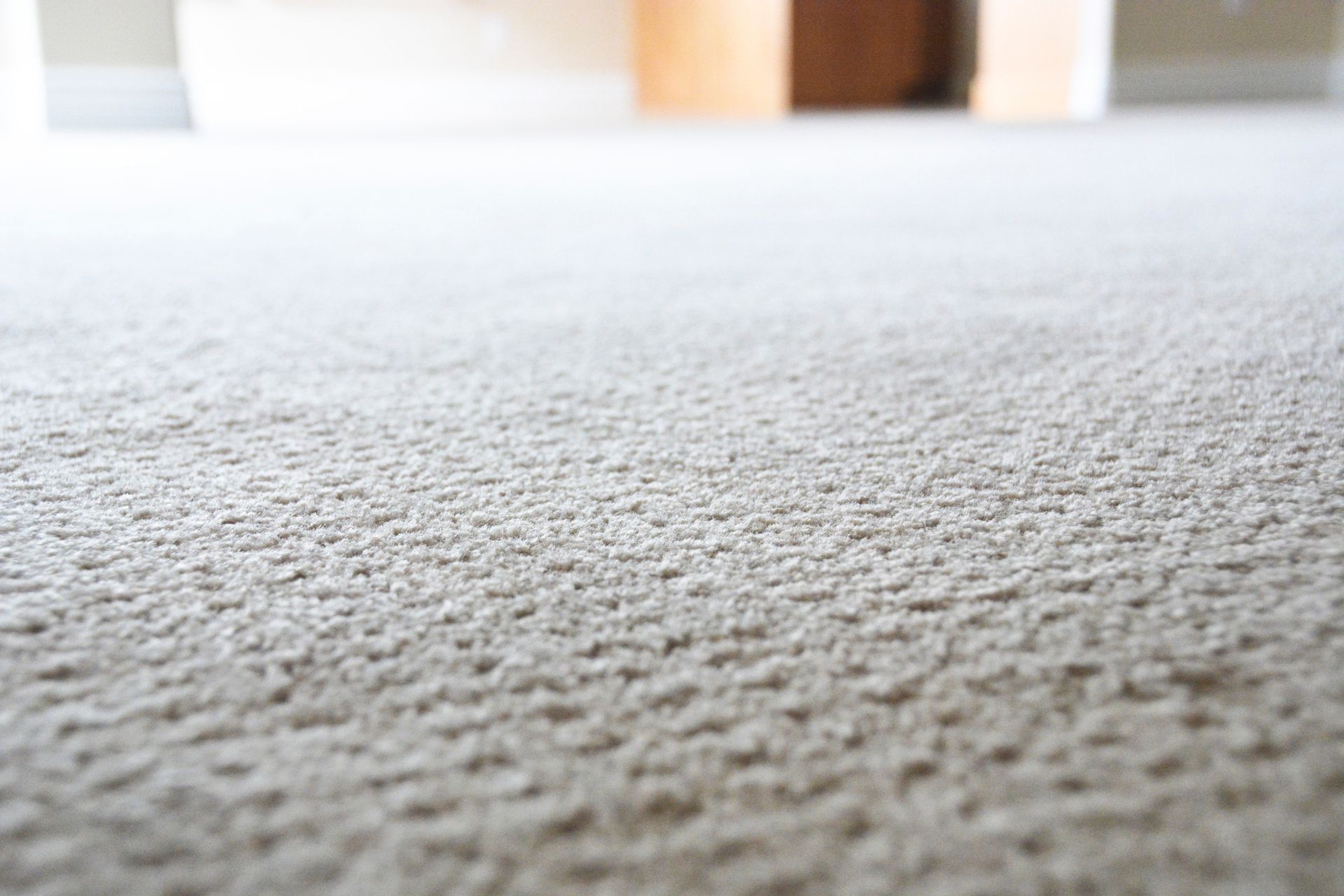 Close-up of light beige carpet. The floor stretches toward a blurred background.