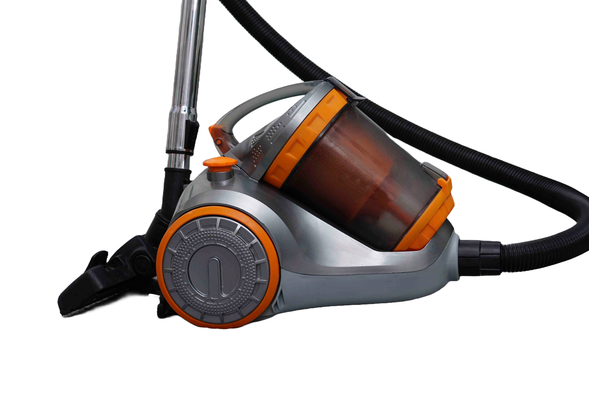 Red canister vacuum cleaner with hose and brush head.