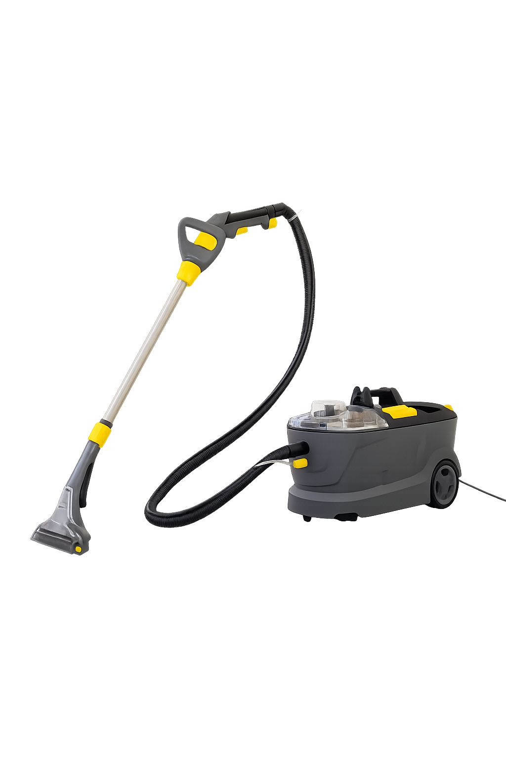 Red and black canister vacuum cleaner on a white background.