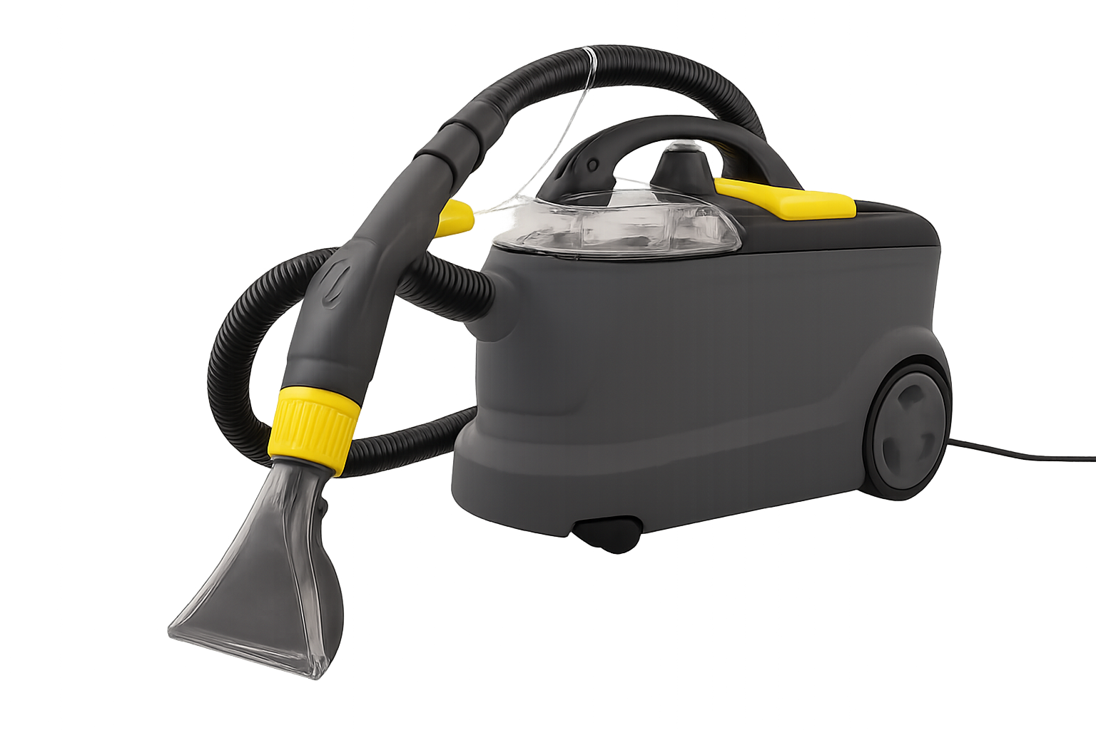 Red canister vacuum cleaner with a gray hose and wand.
