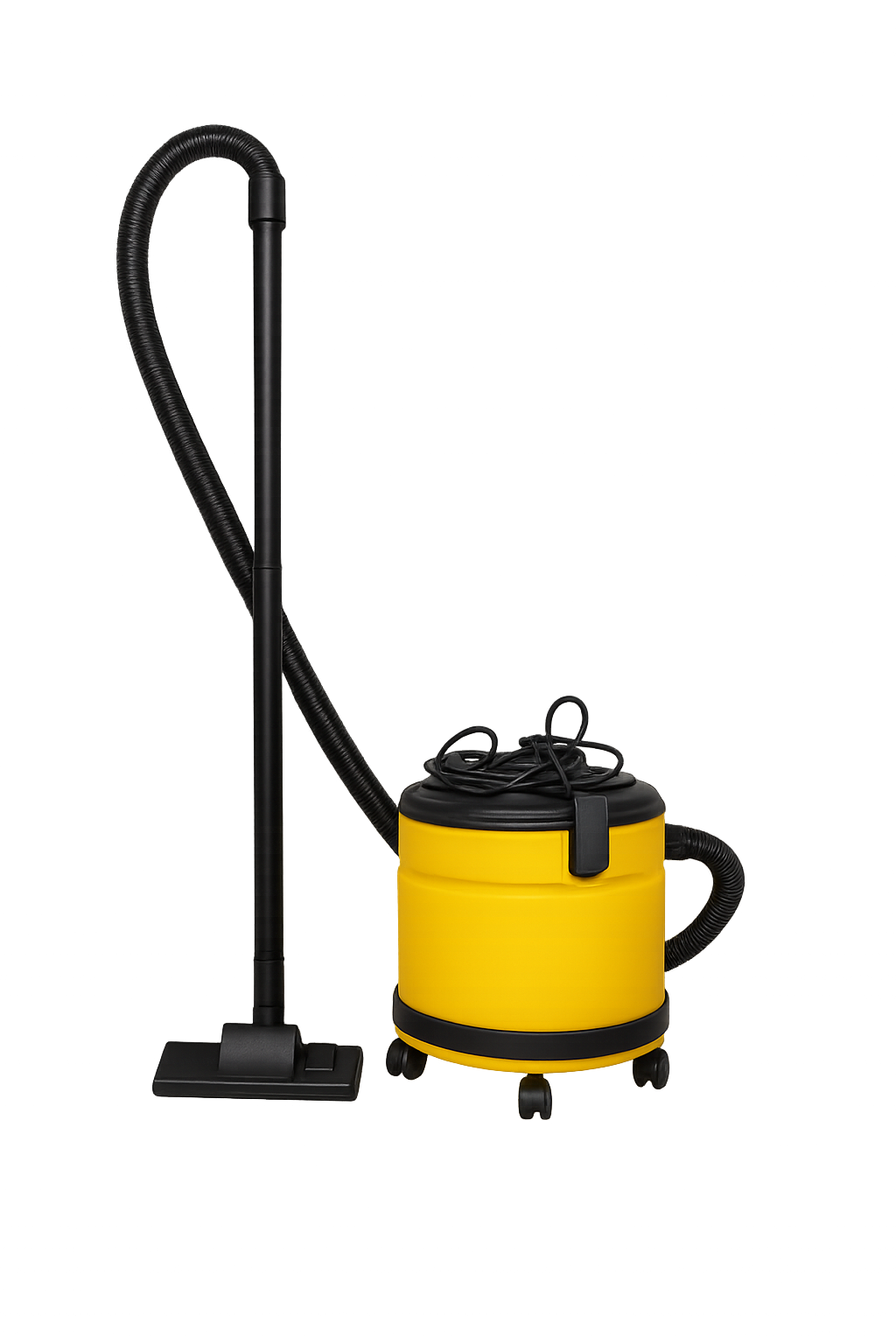 Red canister vacuum cleaner with hose and wand on white.