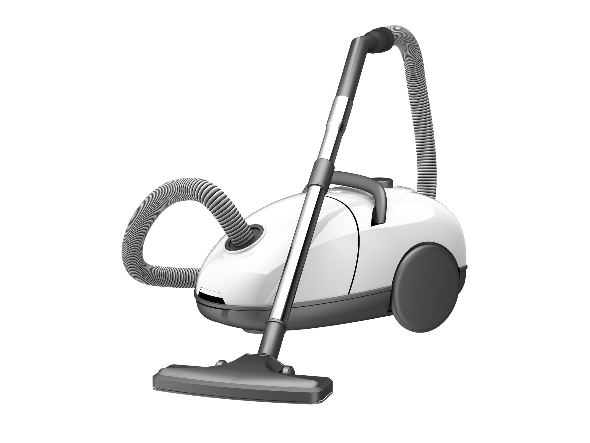 A white vacuum cleaner with black details, ready to clean a floor.