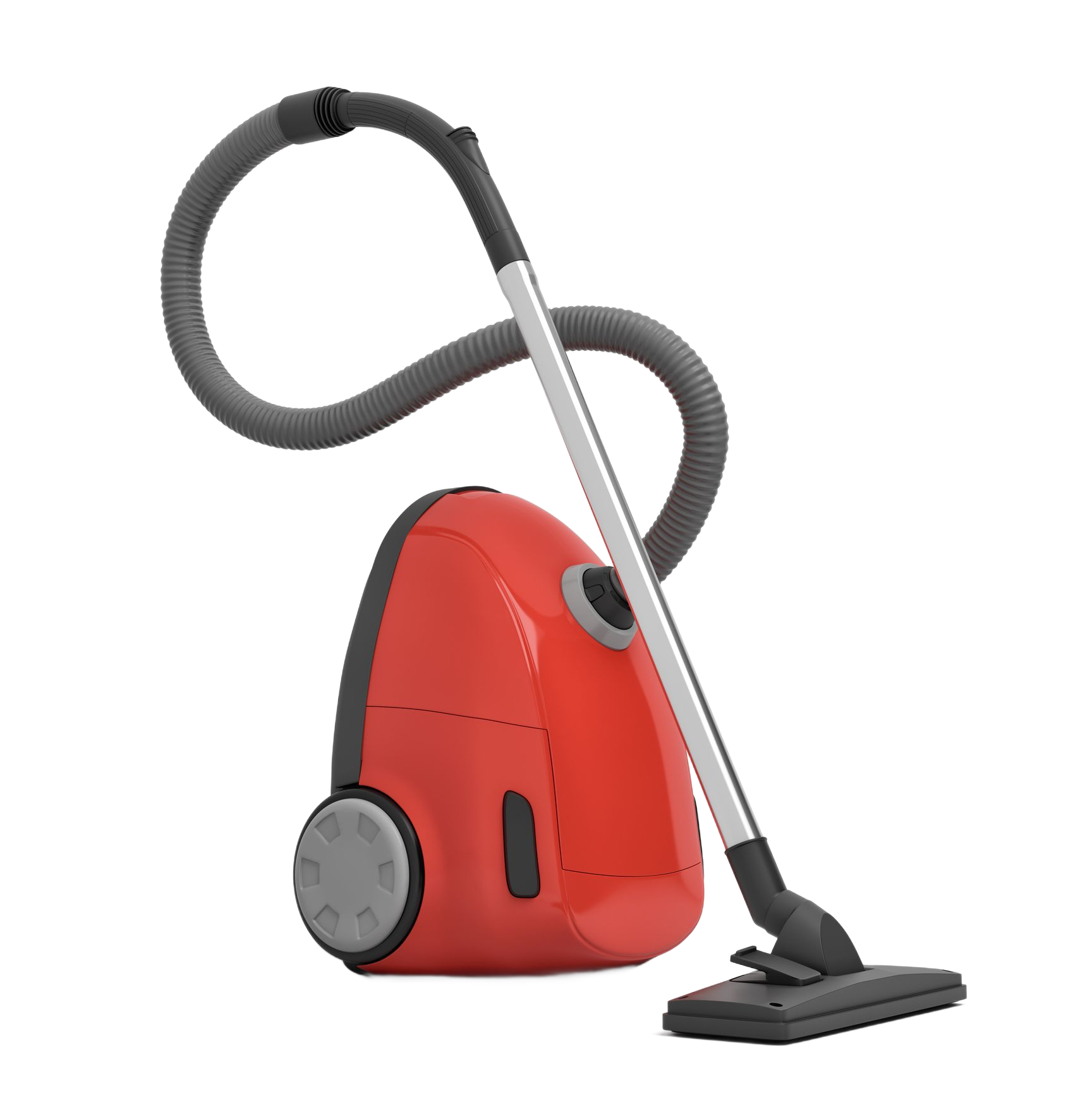 Red vacuum cleaner with a gray hose and wand on a white background.