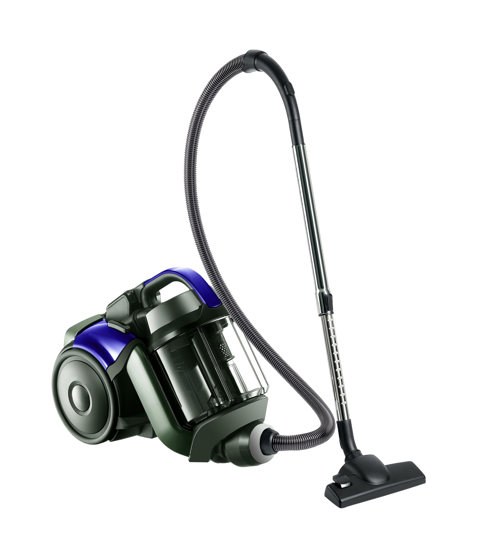 Blue and black canister vacuum cleaner with hose and floor nozzle.