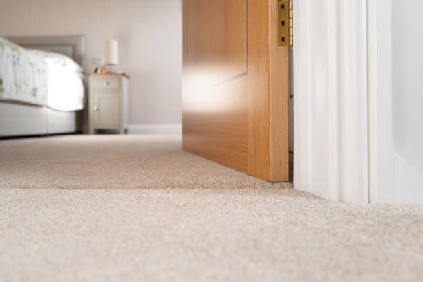 Beige carpeted floor leads to a bedroom doorway; bed and nightstand visible.