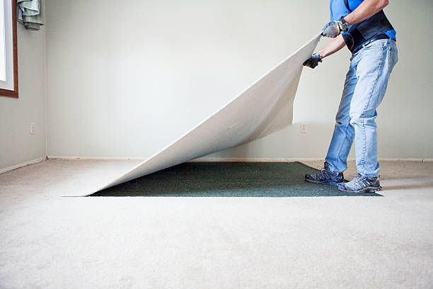 Man in jeans pulling up carpet, revealing green flooring. Room with white walls and window.