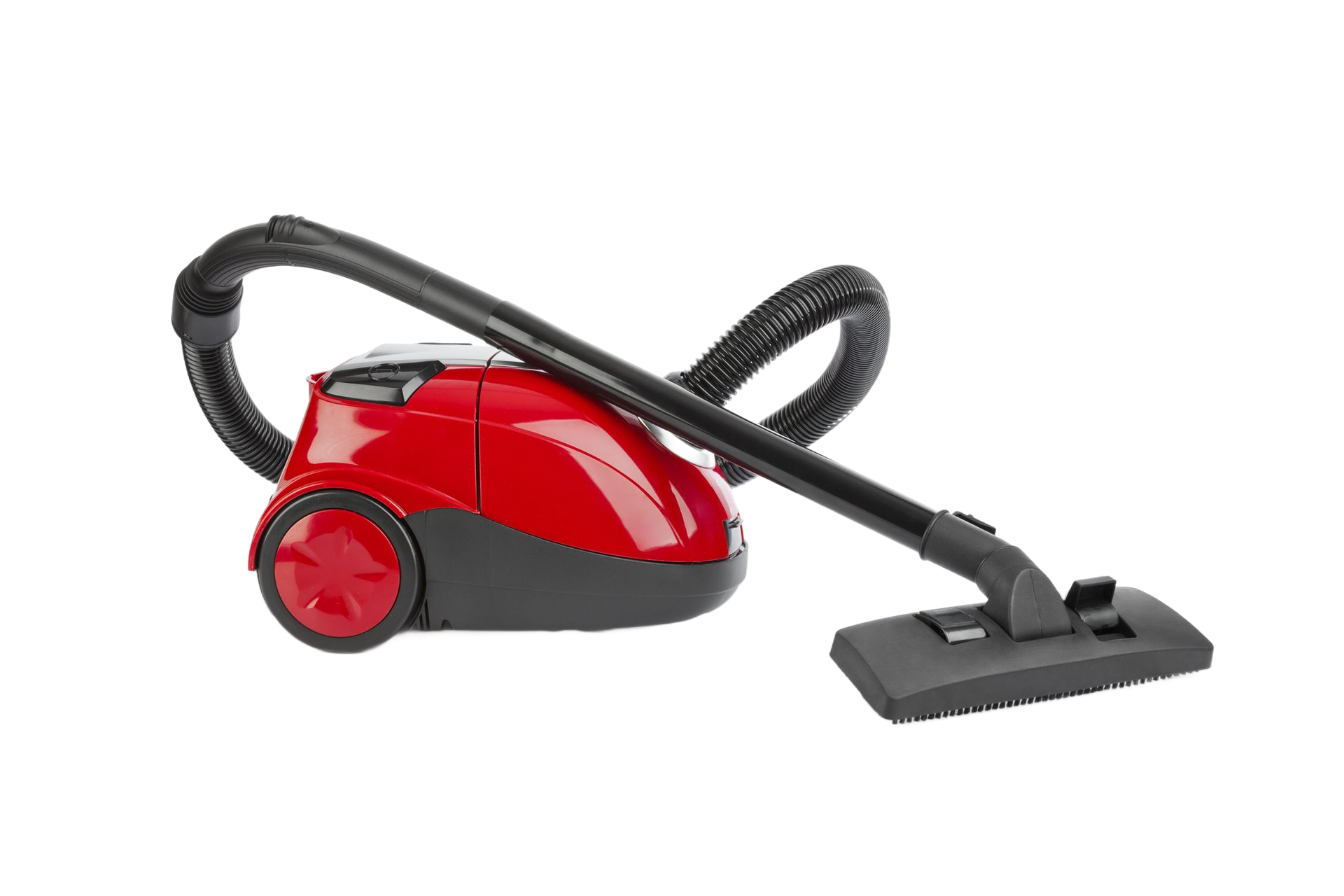 Red vacuum cleaner on a white background, with a hose and floor attachment.