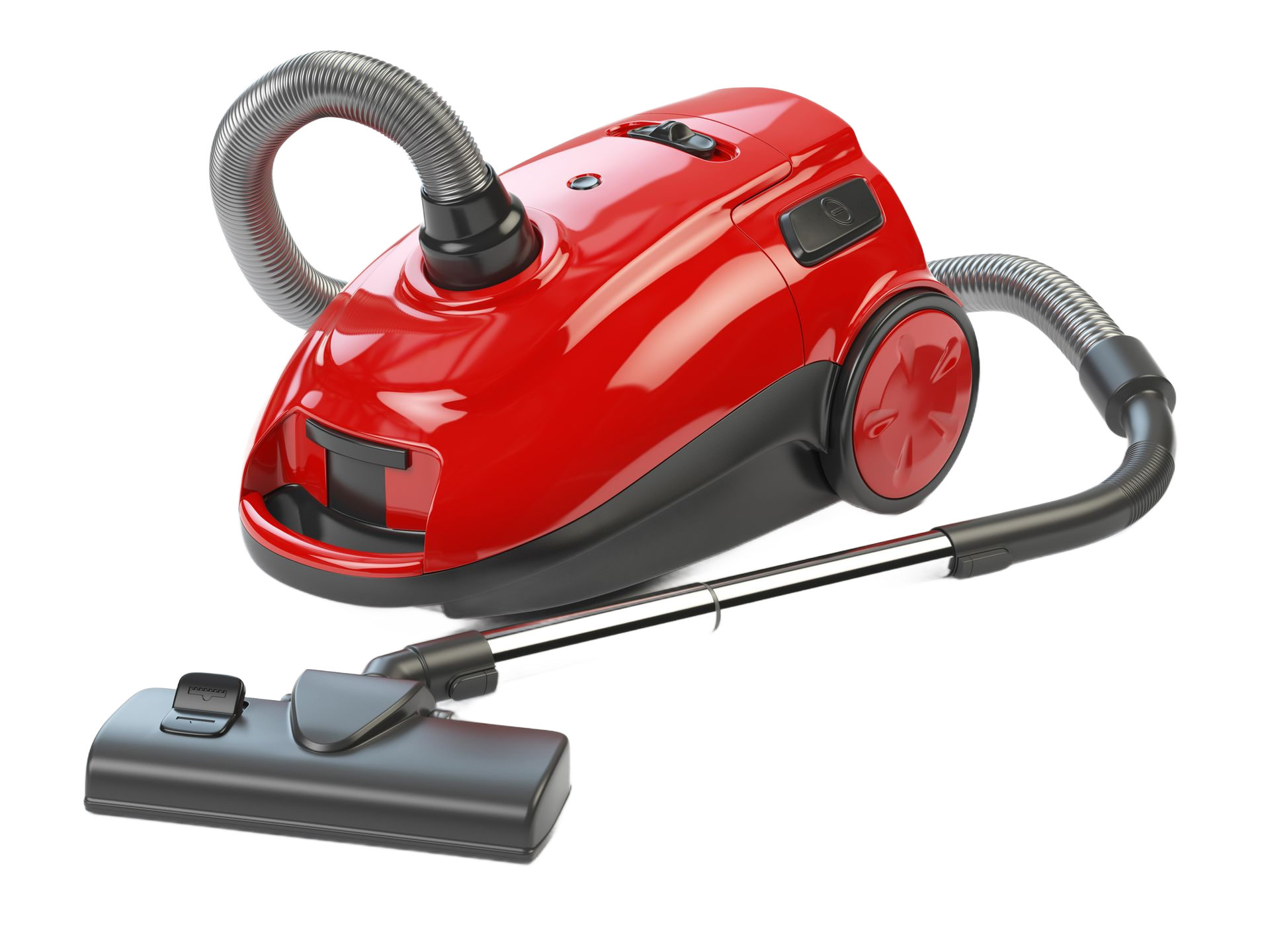 Red canister vacuum cleaner with black accents and hose, lying on white surface.