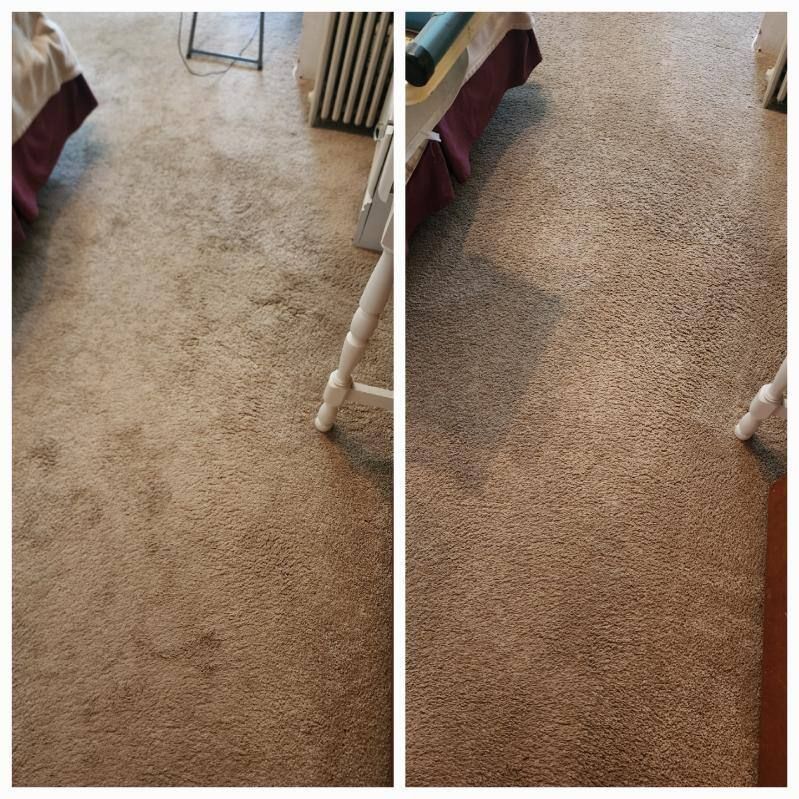 Comparison of a dirty beige carpet before and after cleaning.
