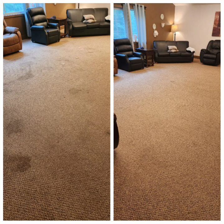 Before and after of a carpet cleaning service in a living room with leather furniture. The carpet is tan-colored.
