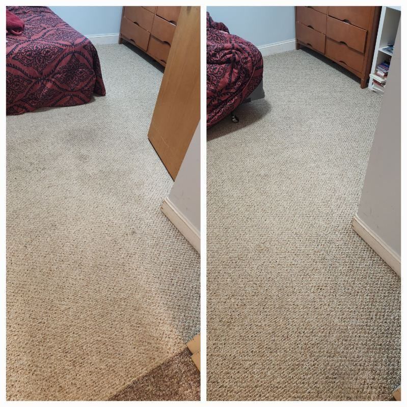Before and after photo of carpet cleaning; beige carpet in bedroom, stained on the left cleaned on the right.