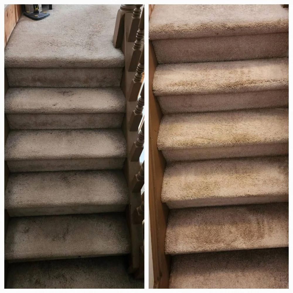 Before and after cleaning of carpeted stairs, showing stain removal.