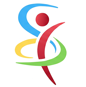 Abstract figure of a person with arms outstretched, formed by colorful curved lines: blue, red, yellow, and green.